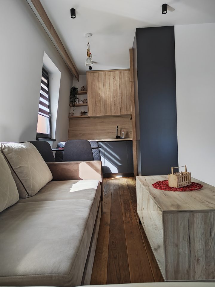 Sofa i klub sto, u pozadini kuhinja